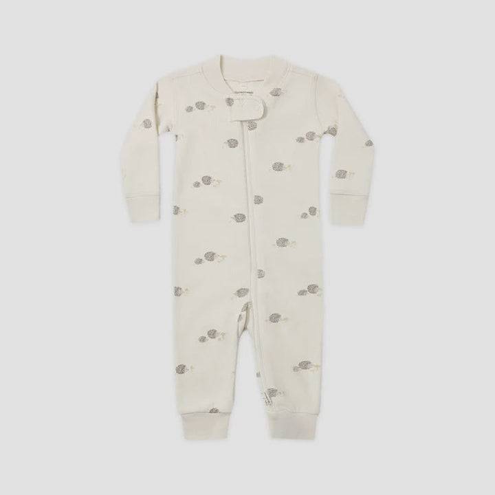 An off-white long-sleeve baby footless one-piece jumpsuit with a small gray sheep print, shown flat on a light gray background.