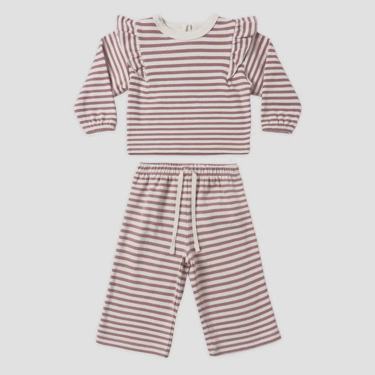 A two-piece baby outfit set featuring a long-sleeve top and matching pants, both with horizontal stripes in dusty rose and cream, laid flat against a light gray background.