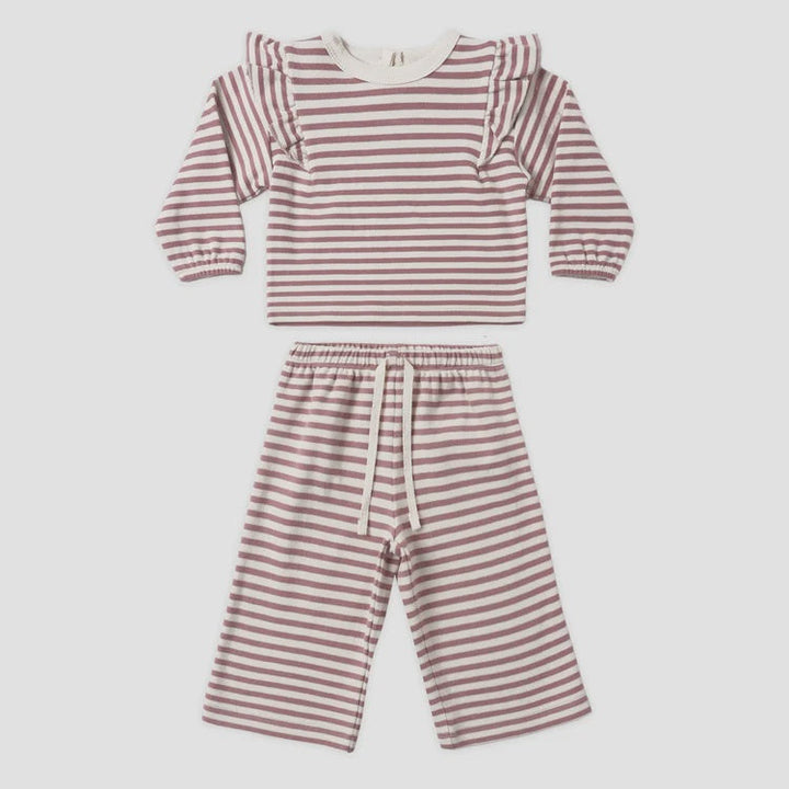 A two-piece baby outfit set featuring a long-sleeve top and matching pants, both with horizontal stripes in dusty rose and cream, laid flat against a light gray background.