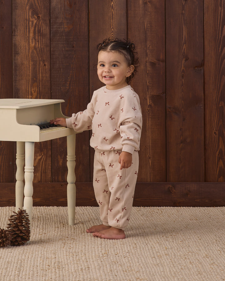 Velour Relaxed Sweatshirt Red Bows | Quincy Mae