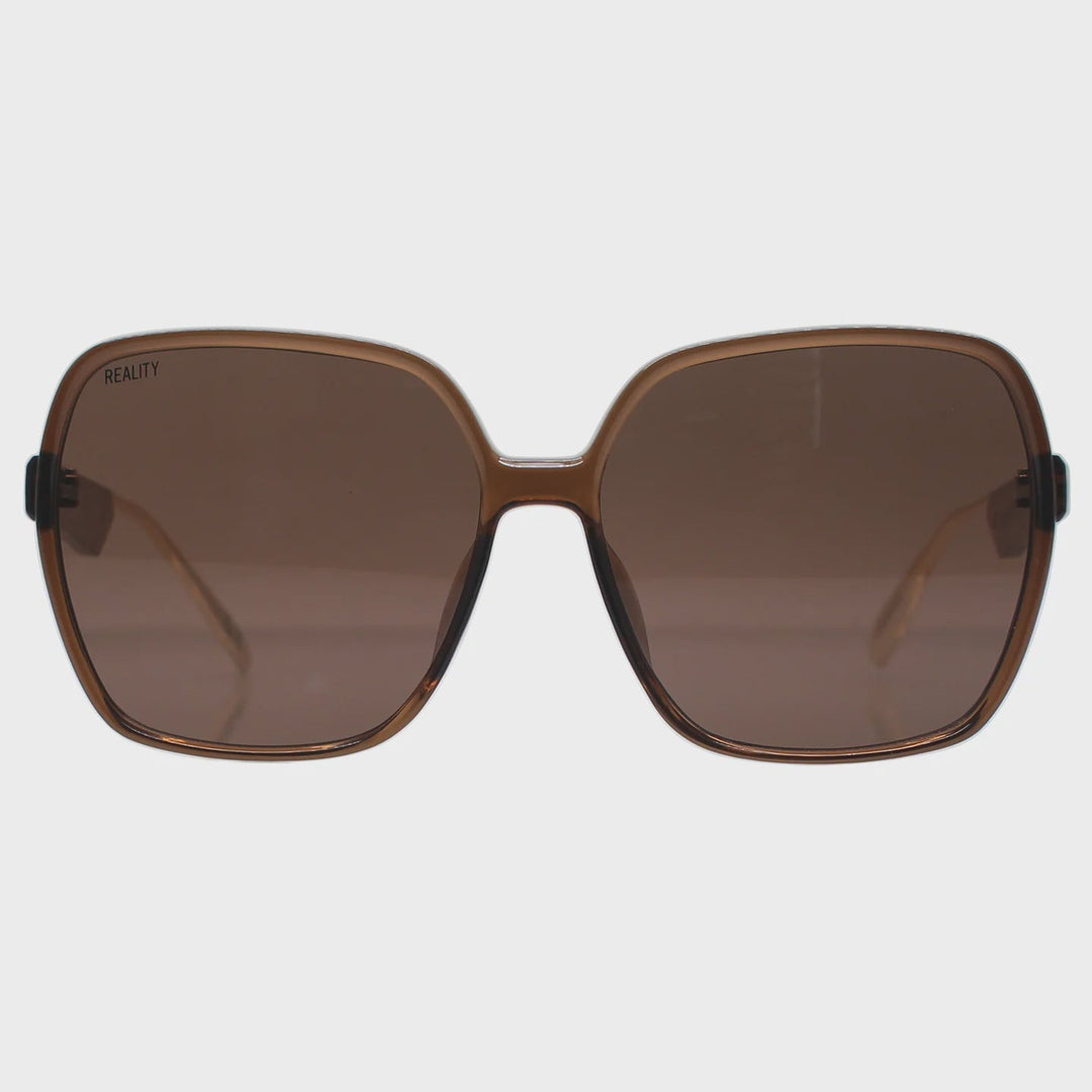 Brown sunglasses with a black frame on a white background