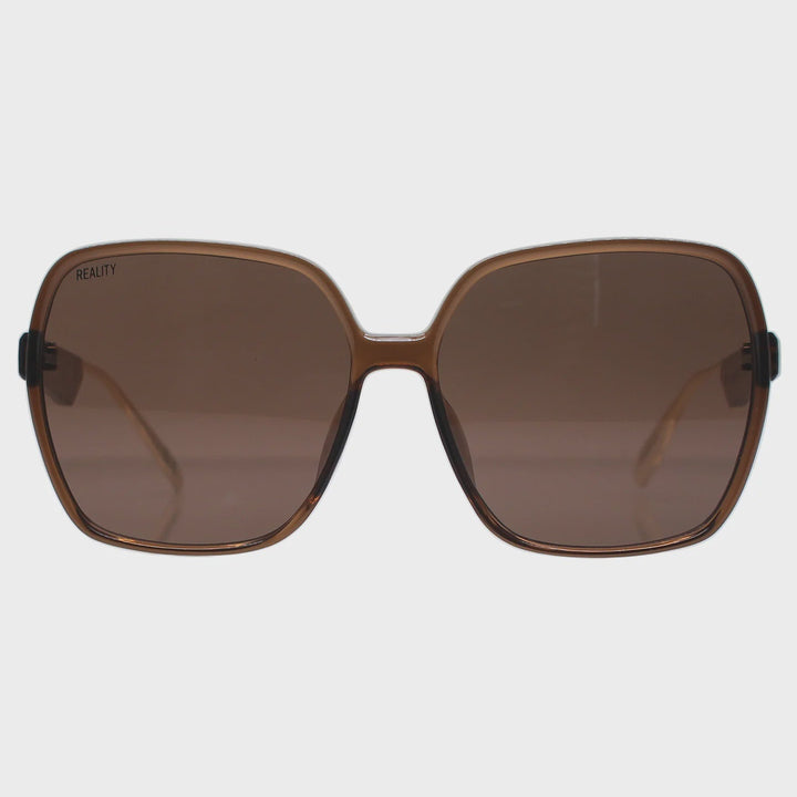 Brown sunglasses with a black frame on a white background
