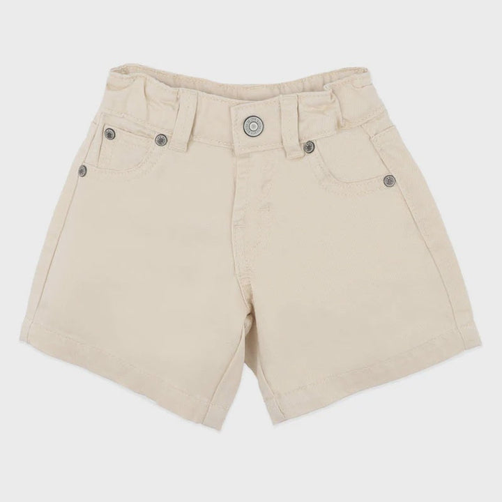 Beige high-waisted denim shorts with a button fly, belt loops, and front pockets, shown flat on a light gray background.
