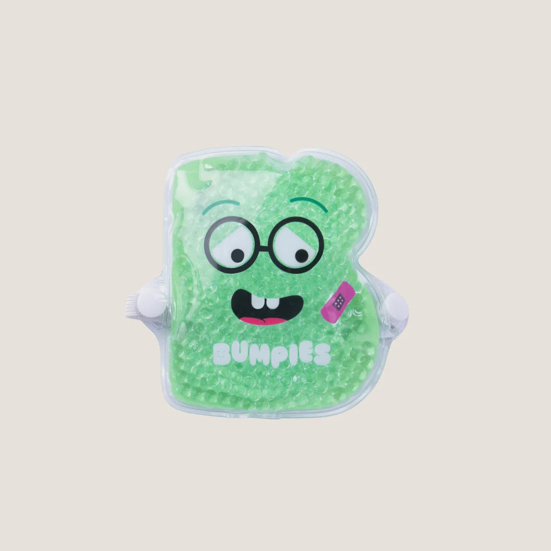 A green, bubbly, character-shaped gel pack with a cartoon face and the word 'BUNPIES' printed on it, set against a solid light beige background.