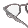 Close-up of a pair of eyeglasses with a clear lens on a white background