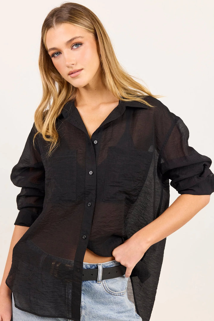Reflex Black Semi Sheer Boyfriend Shirt | Stories Be Told