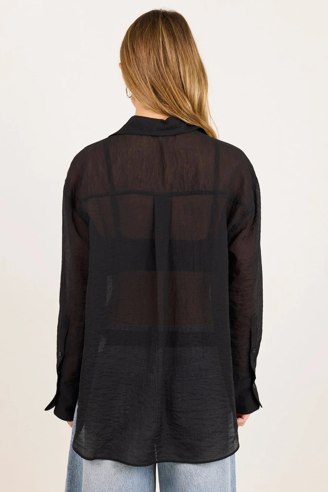 Reflex Black Semi Sheer Boyfriend Shirt | Stories Be Told