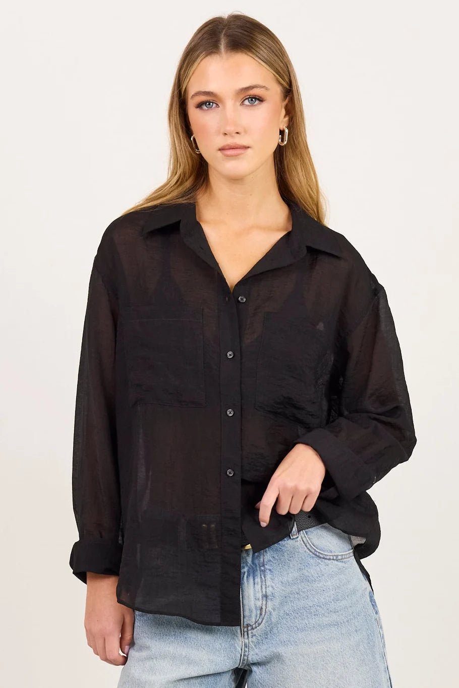 Reflex Black Semi Sheer Boyfriend Shirt | Stories Be Told