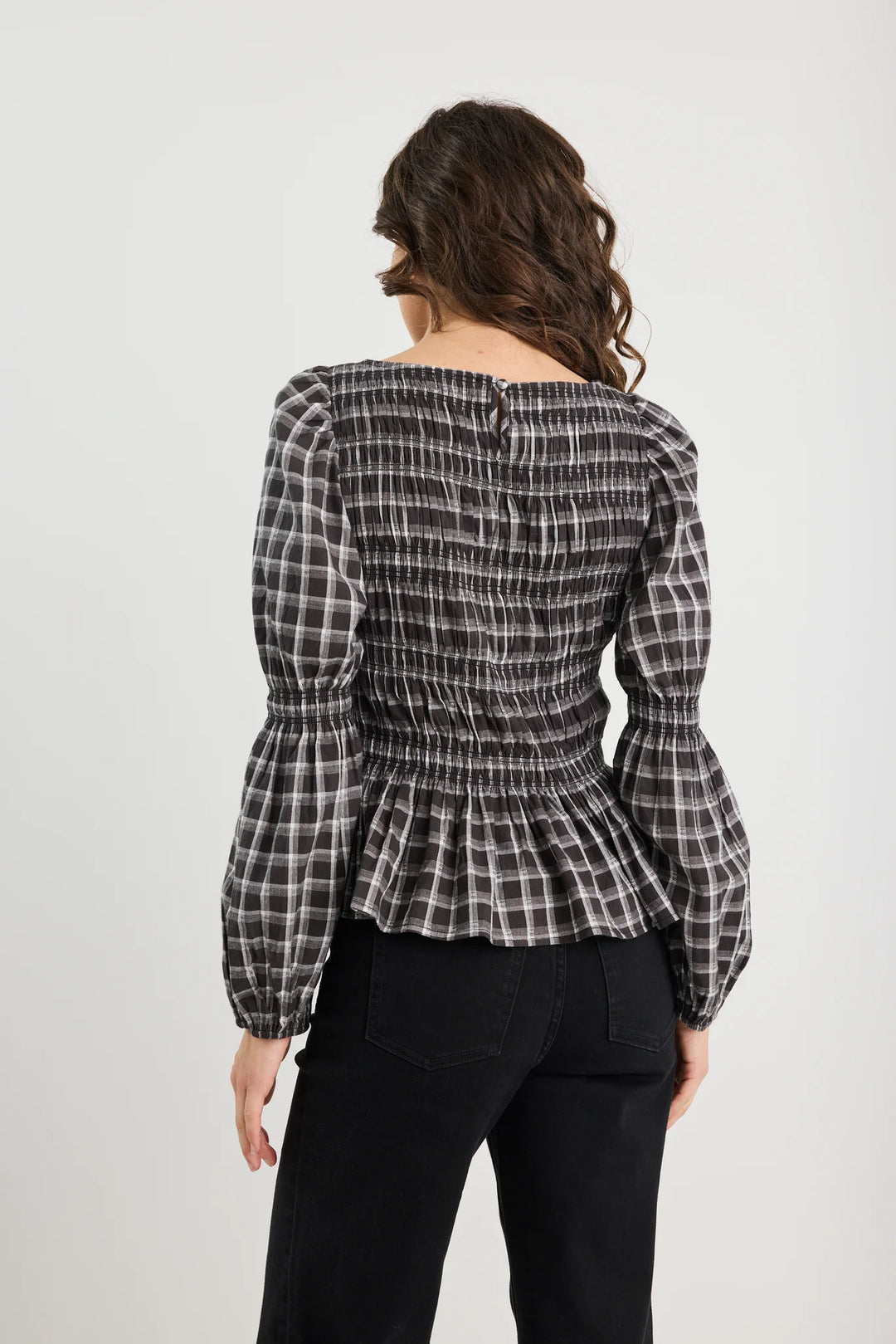 Required Black White Check LS Shirred Bodice Top