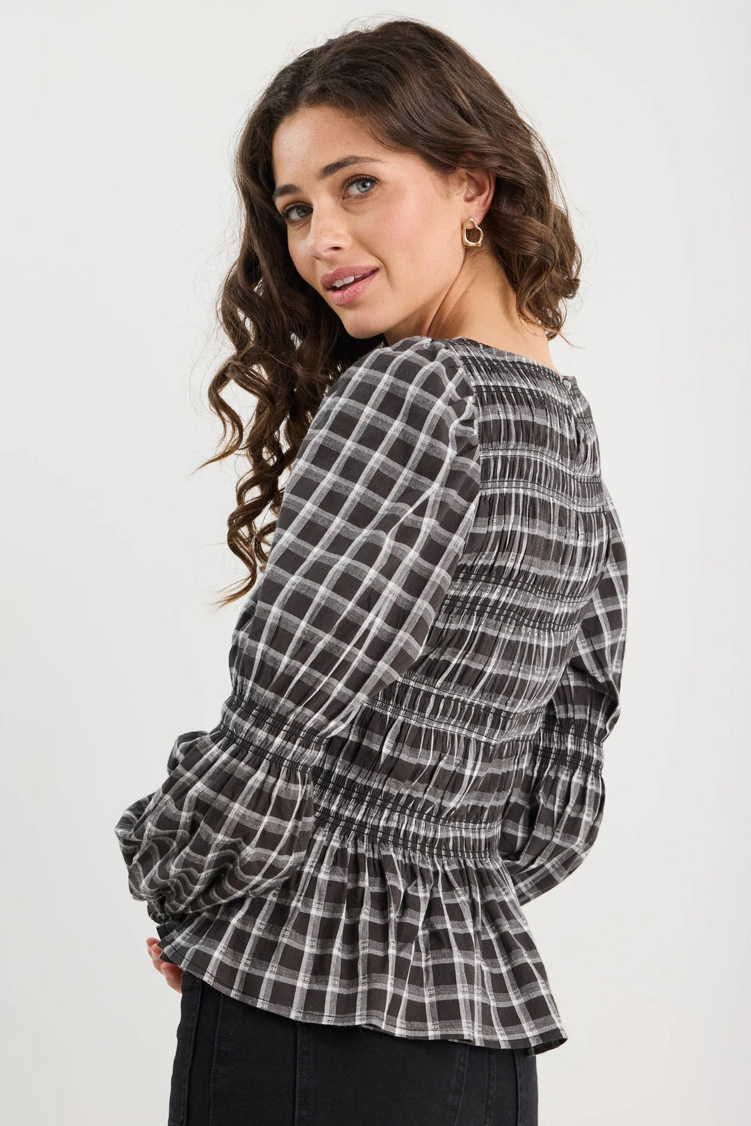 Required Black White Check LS Shirred Bodice Top