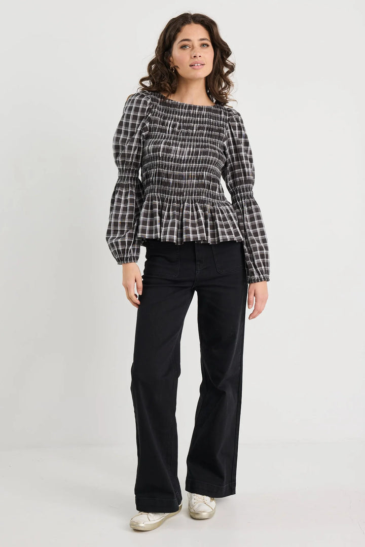 Required Black White Check LS Shirred Bodice Top