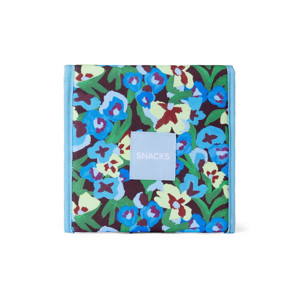 Floral-patterned snack bag with a 'Snacks' label on a white background