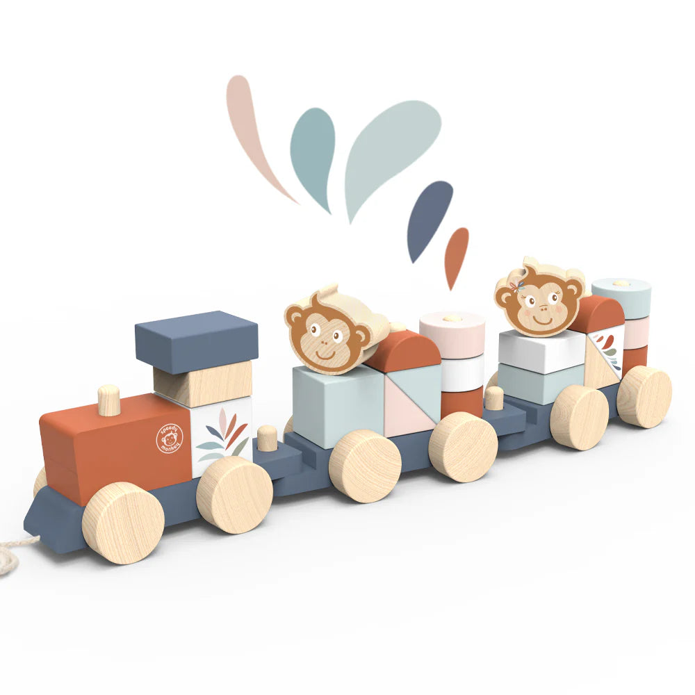 Wooden toy train with monkey figures and geometric blocks on a white background