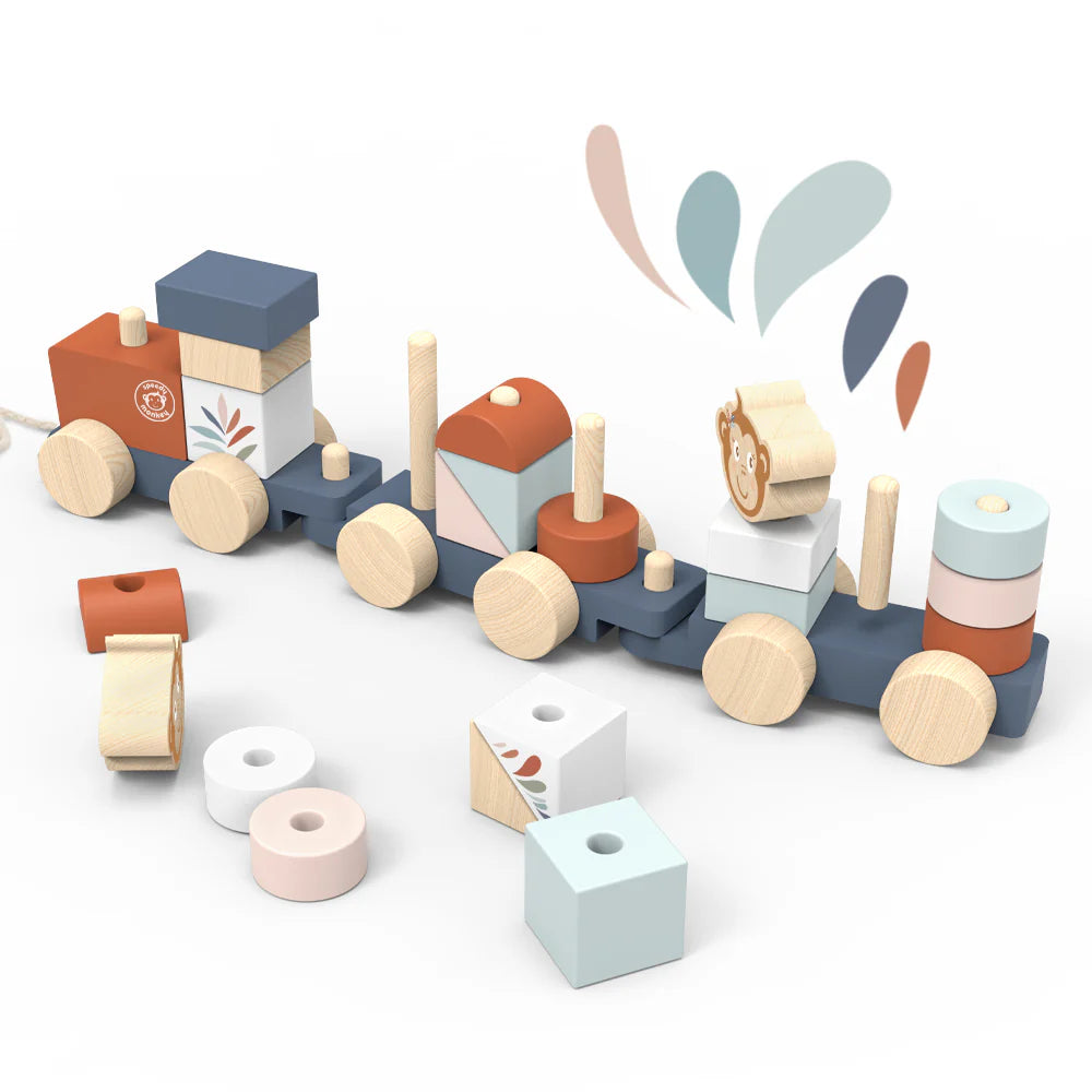 Wooden toy train set with colorful blocks on a white background