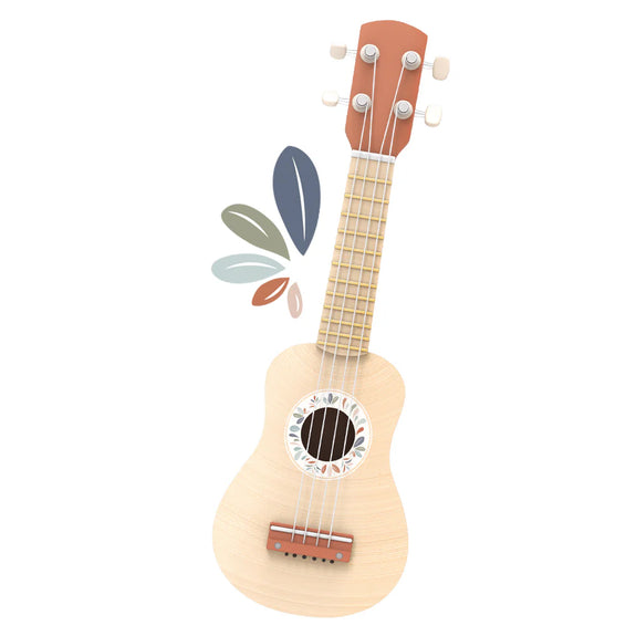 Small guitar-shaped toy with decorative elements on a white background
