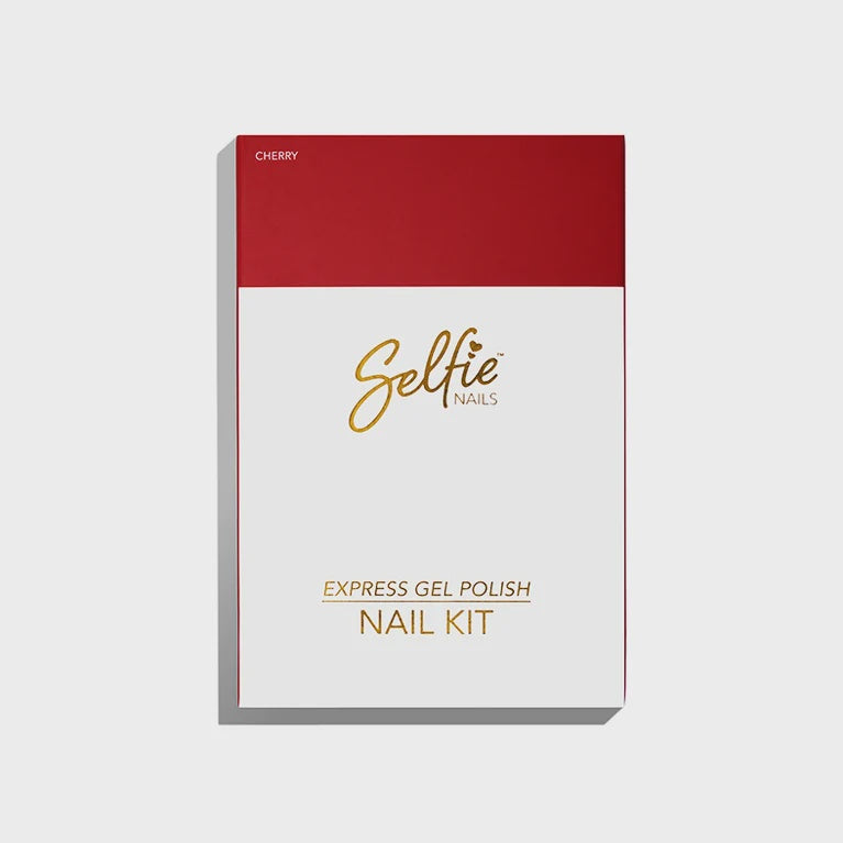 Selfie Nails Express Gel Polish Nail Kit in Cherry, shown in its retail packaging against a light gray background.