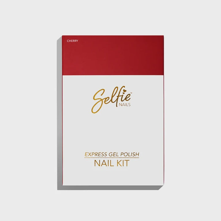 Selfie Nails Express Gel Polish Nail Kit in Cherry, shown in its retail packaging against a light gray background.