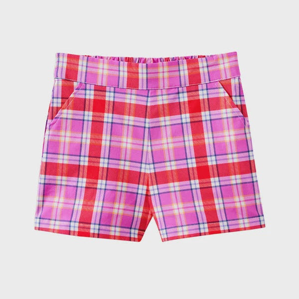 A pair of children's shorts featuring a vibrant pink, red, and white plaid pattern, displayed flat against a light gray background.