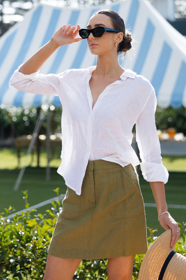 Re:Union saintly linen mini skirt available from www.thecollectivenz.com