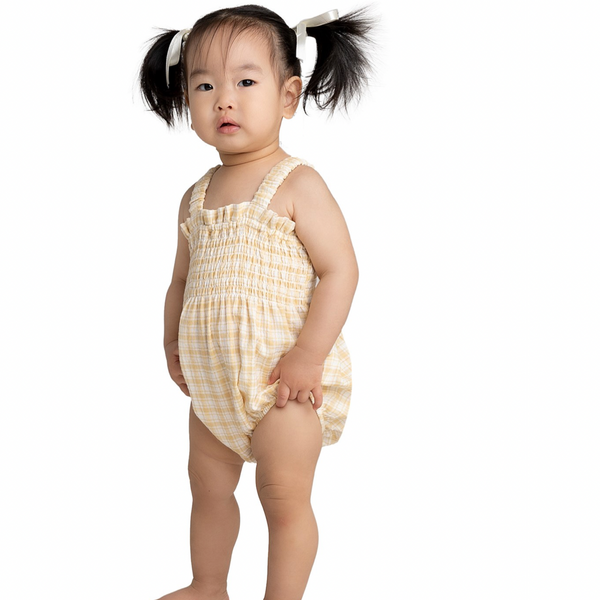 Kynd baby shirred romper available from www.thecollectivenz.com