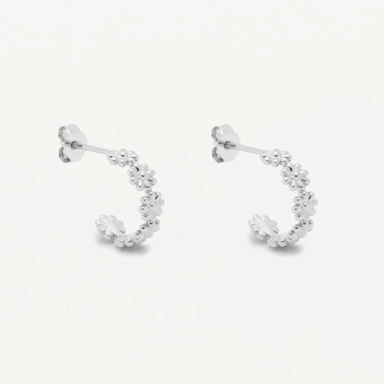 Pair of silver hoop earrings on a white background