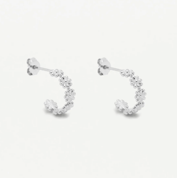 Pair of silver hoop earrings on a white background