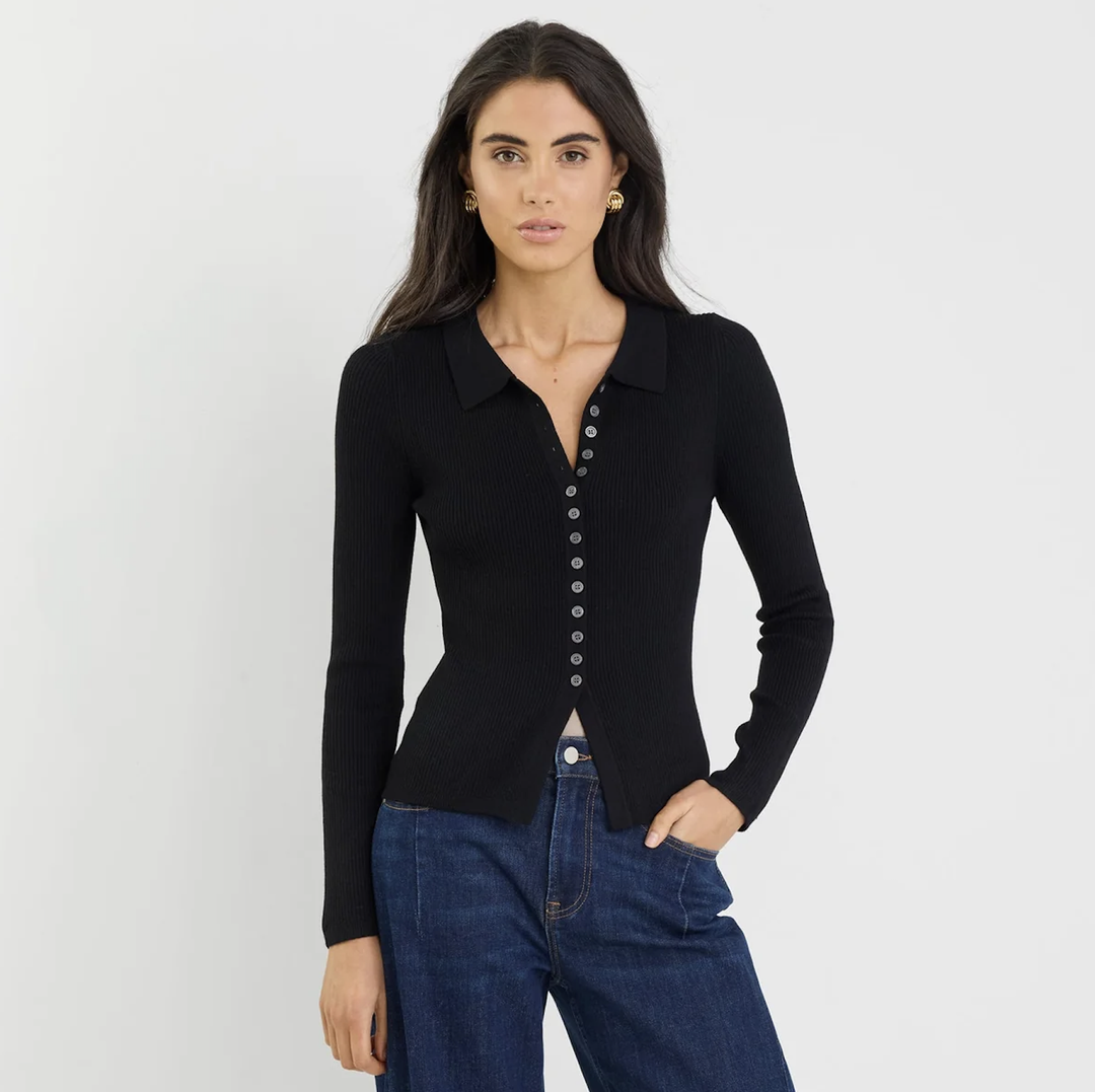 Duplication Black Rib Knit Collared Cardigan