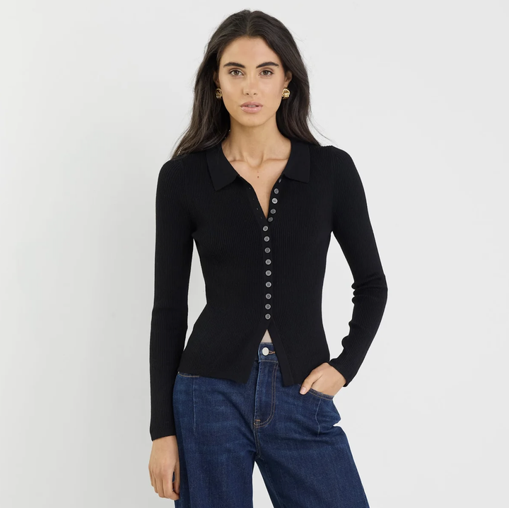 Duplication Black Rib Knit Collared Cardigan