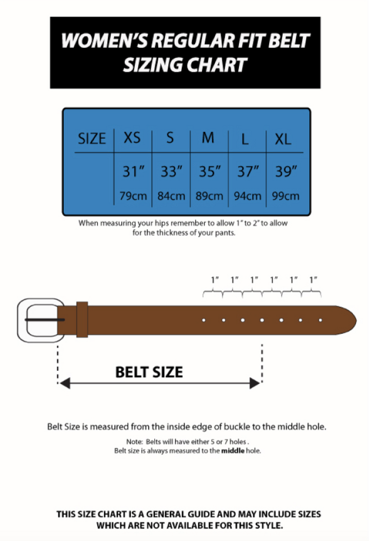 Women's belt sizing chart with measurements and a brown belt illustration.