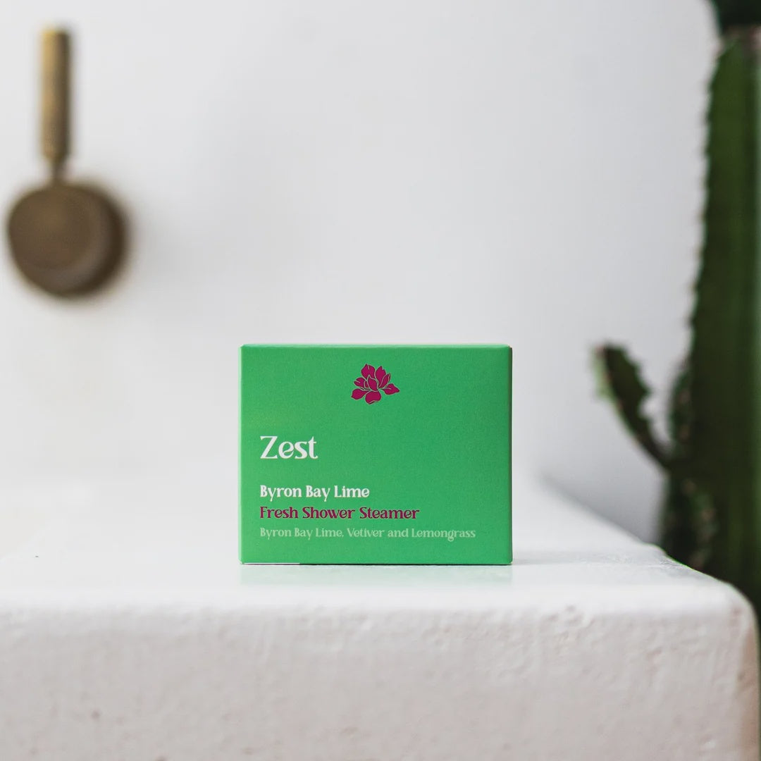 Green box labeled 'Zest' on a white surface with a blurred background