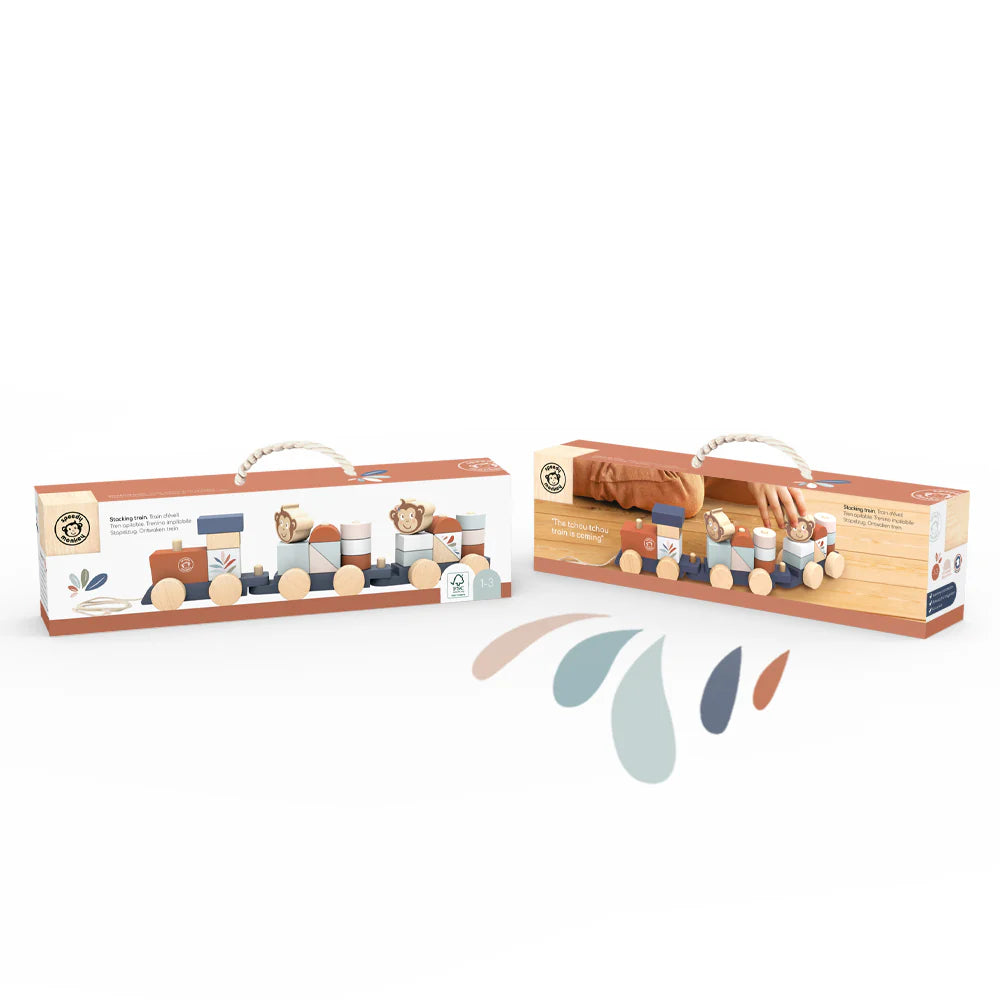 Wooden toy train set with packaging on a white background
