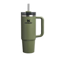 Green Stanley mug with handle and straw lid on a white background