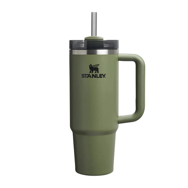 Green Stanley mug with handle and straw lid on a white background
