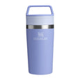 Purple Stanley tumbler on a white background