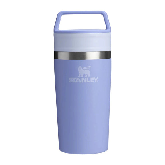 Purple Stanley tumbler on a white background