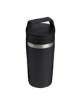 Black insulated mug with a silver band on a white background