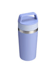 Purple travel mug with a silver band on a white background