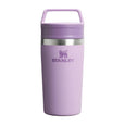 Purple Stanley tumbler on a white background