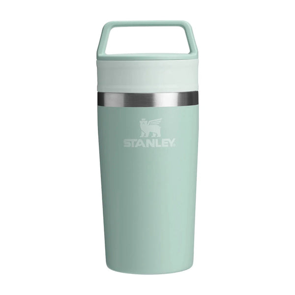 Light green Stanley tumbler on a white background