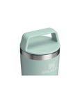Mint green thermos with handle on a white background