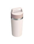 White and pink insulated mug with a silver base on a white background