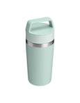 Mint green travel mug with a silver lid on a white background