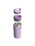 Purple insulated mug with a handle on a white background
