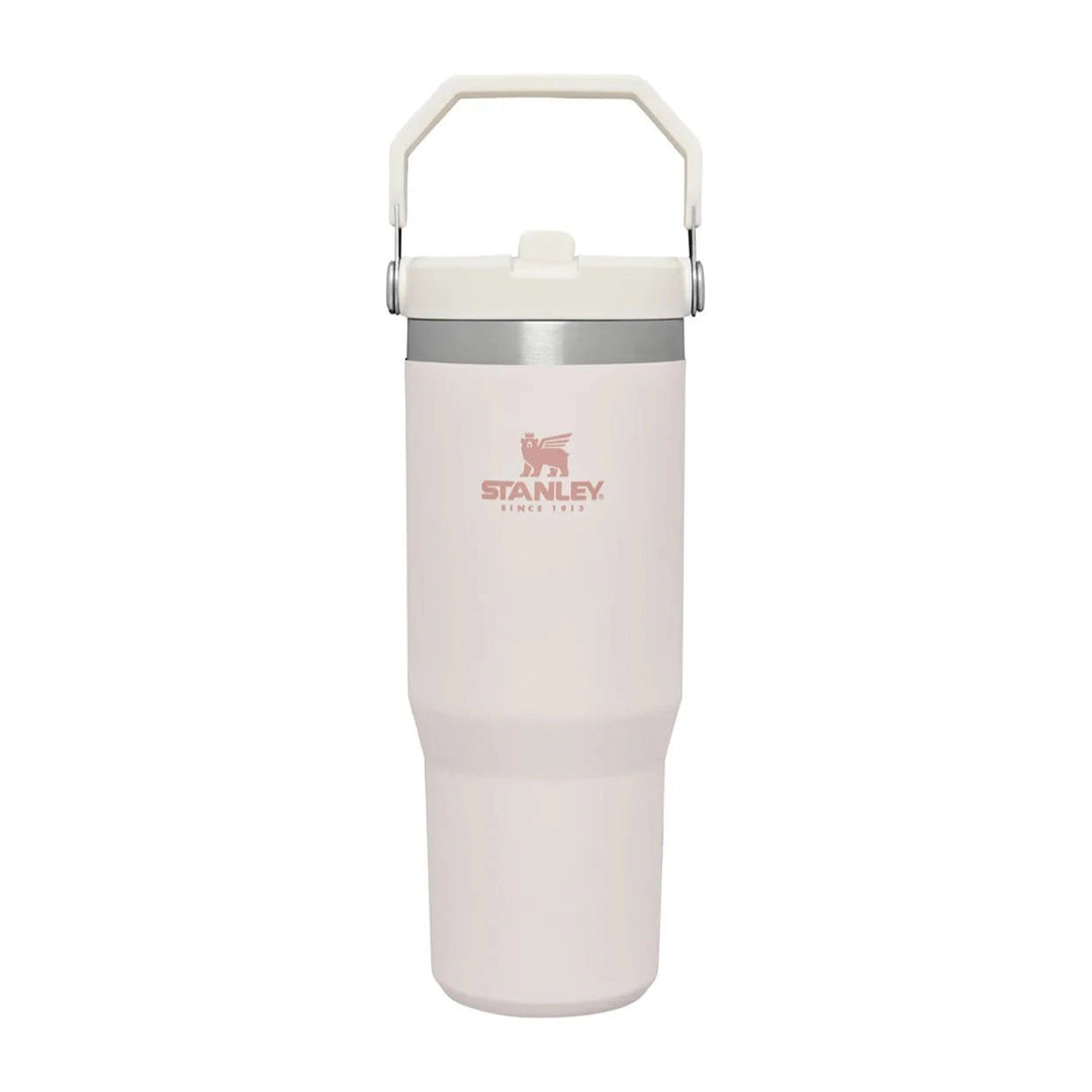 White Stanley insulated bottle with handle on a white background