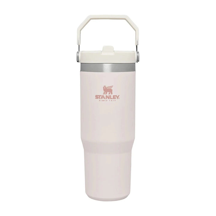 White Stanley insulated bottle with handle on a white background