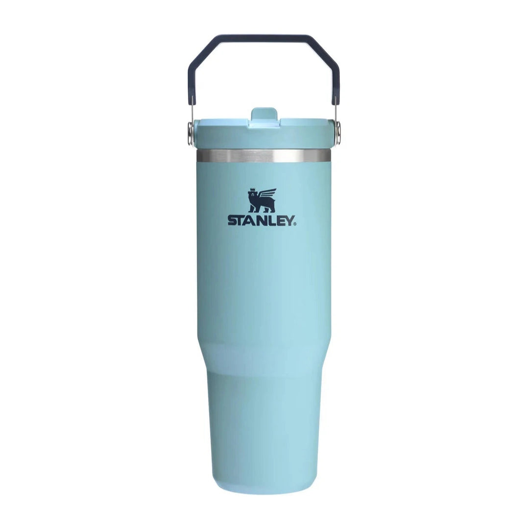 Light blue Stanley tumbler with handle on a white background