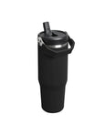 Black insulated tumbler with a straw lid on a white background