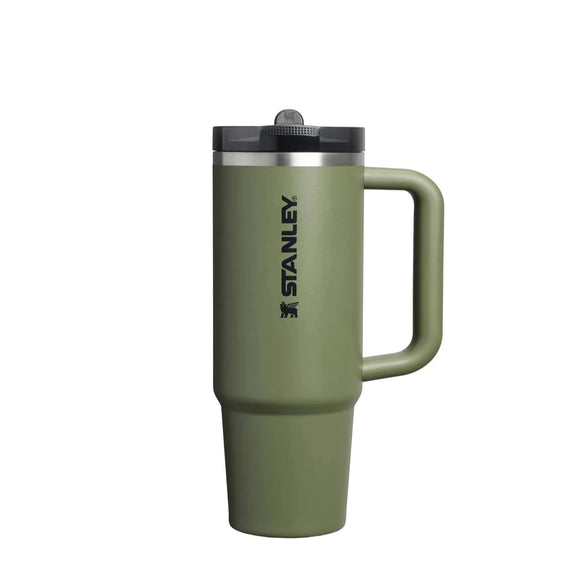 Green Stanley travel mug on a white background
