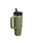 Green insulated mug with handle and black lid on a white background