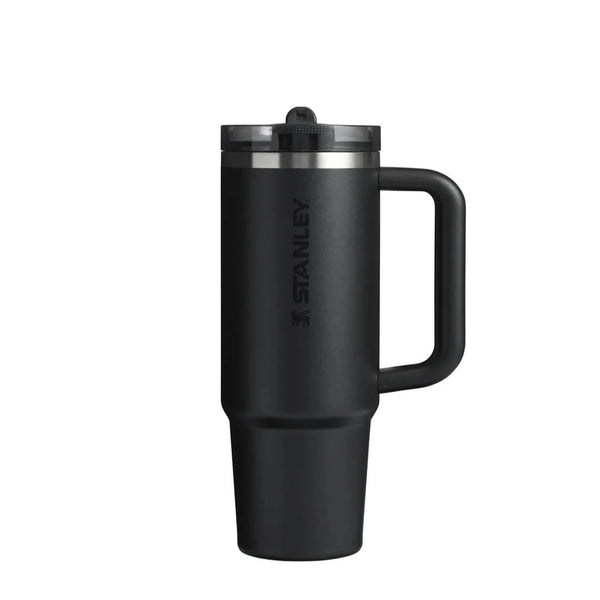 Black Stanley travel mug on a white background